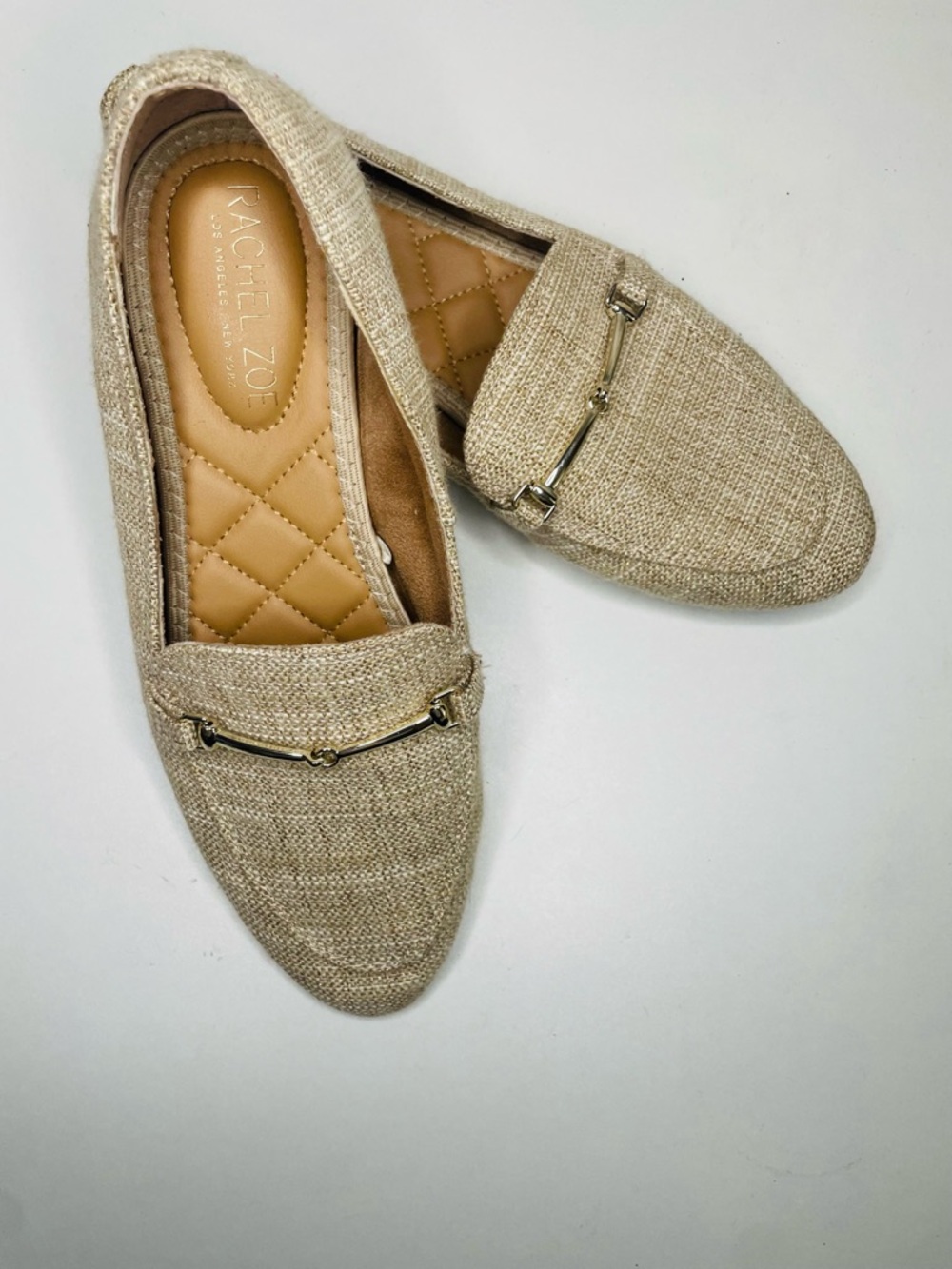 Rachel Zoe Natural Tweed Loafers with Gold Bar
